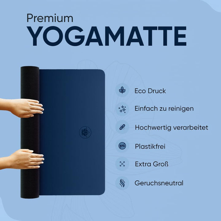 Premium Yoga-Matte STUDIO 185 x 68 x 0,4cm (extra gross) inkl. Gurt aus ECO PU & Naturkautschuk - An