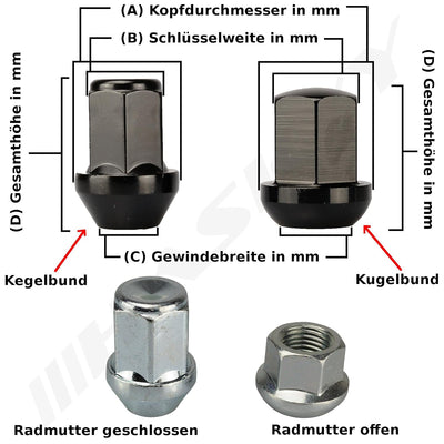 24 SCHWARZ Radmutter Mutter M12x1,25x34 SW19 Kegelbund Kegel 60° Alu Stahl Felgen