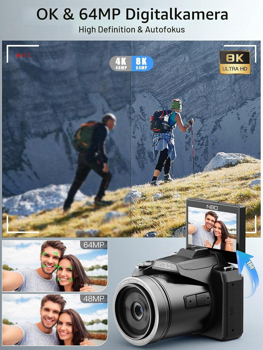 Fotokamera Digitale Monitech 64 MP 8K Kamera für Fotografie mit 2,8-Zoll-Klappdisplay &amp; Blitzschuh,