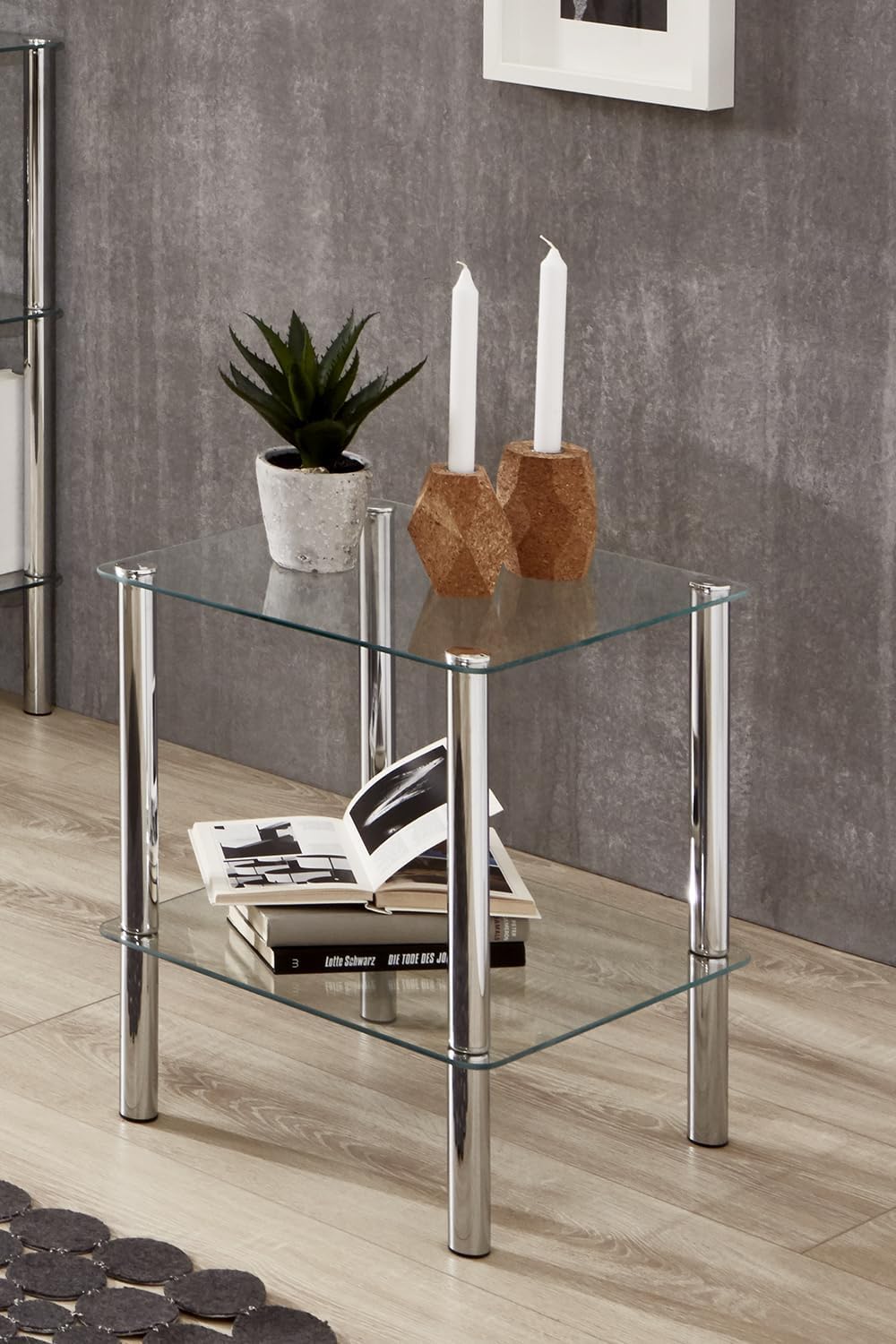 Haku-Möbel Beistelltisch eckig - verchromtes Stahlrohr 2 Ablagen Sichterheitsglas H 47 cm,