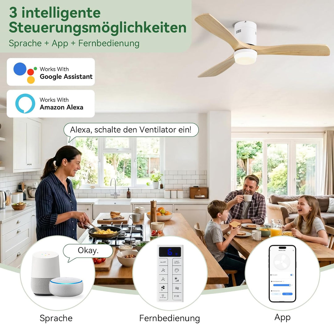 Sofucor 132cm Smart Deckenventilator mit Beleuchtung, Massivholz Deckenventilator mit Licht, Alexa/A