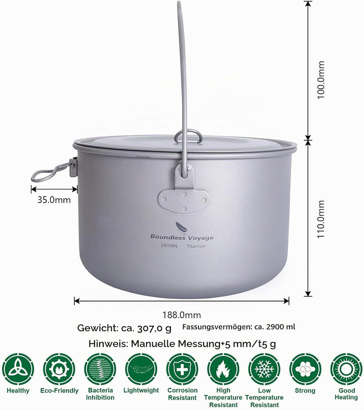 Boundless Voyage Outdoor 750ml 800ml 1100ml 1300ml Titantopf mit Deckel Folding Bail Griff Camping W