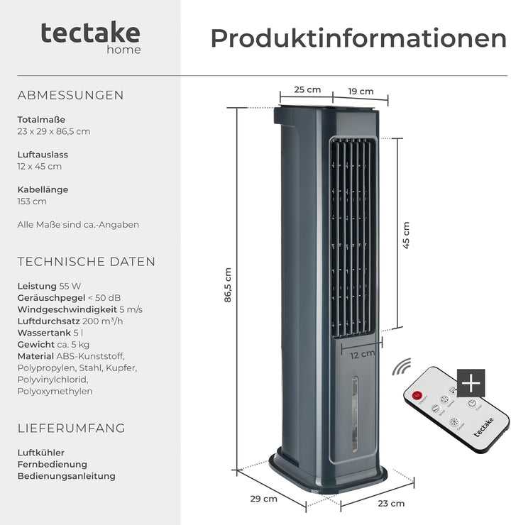 tectake® Luftkühler, 4in1, extrem leise, energiesparend, mit 5 l Wassertank, Touch-Display, 3 Modi,