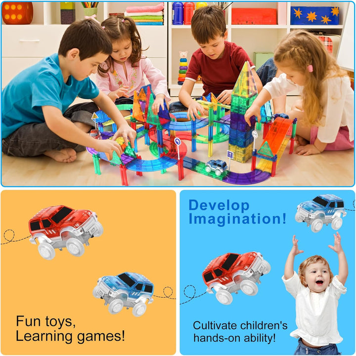 50Pcs Magnetisches Baustein Spielzeug für Bahnrennen, Magnetisches Bauspielzeug mit LED Rennwagen, M