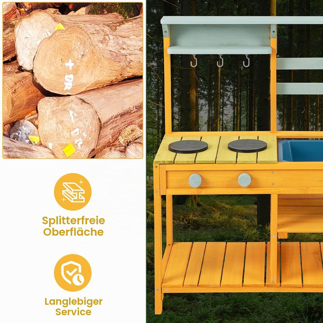 HOMASIS Matschküche Kinder Outdoor, Kinderküche mit Waschbecken Spüle Herd, Spielküche Holz, Spielze