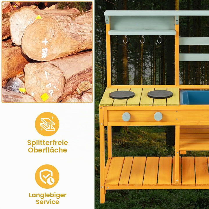 HOMASIS Matschküche Kinder Outdoor, Kinderküche mit Waschbecken Spüle Herd, Spielküche Holz, Spielze