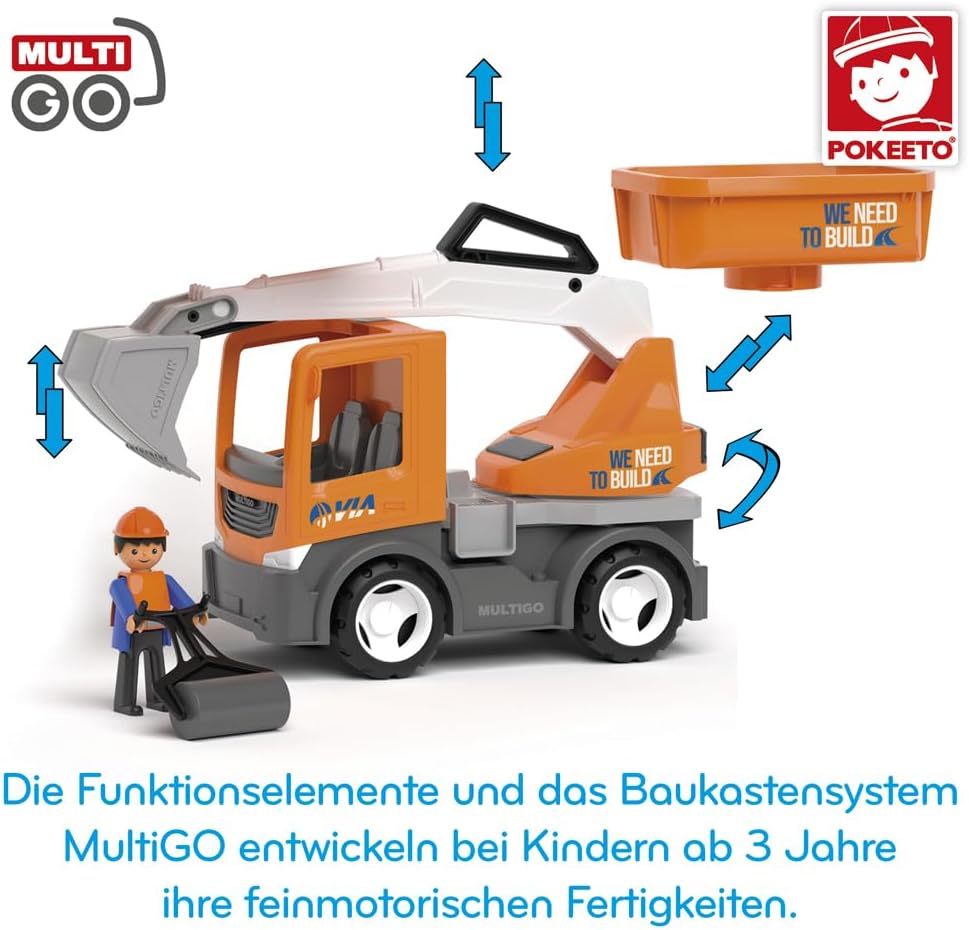 VIA 2+1 Set Sandkasten Spielzeug für Kinder ab 3 Jahre -Strassenarbeiter, Auto, Bagger, Ladepritsche