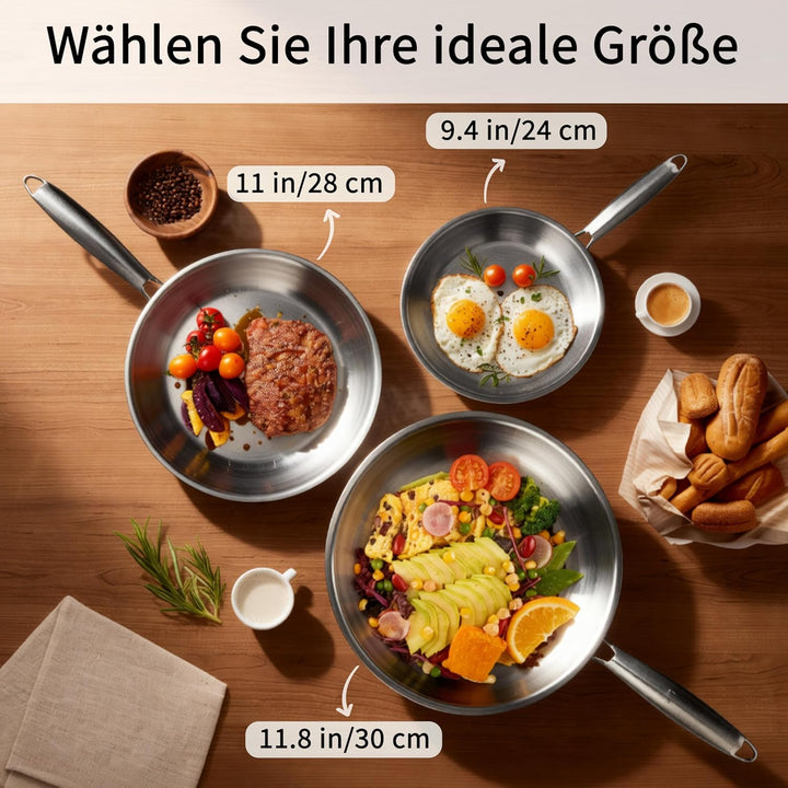 Edelstahl Pfanne,unbeschichtet, Pfanne Induktion, langlebig,3-Schicht Komplett Ungiftig, für alle He