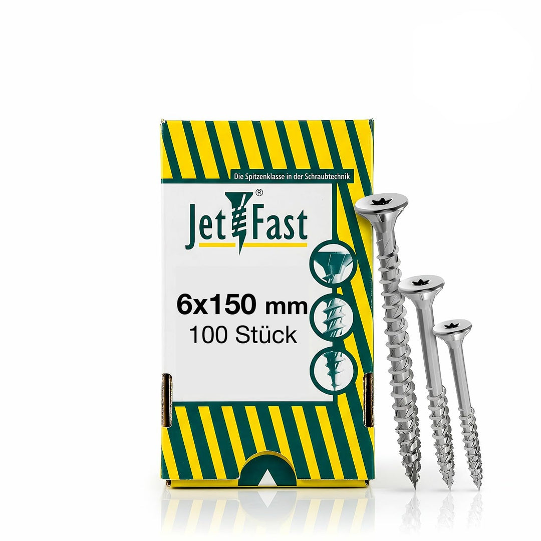 Jet-Fast Premium Universalschrauben 6,0 x 150 mm, 100 Stück, Duo-Senkkopf, Teilgeweinde TX Antrieb,