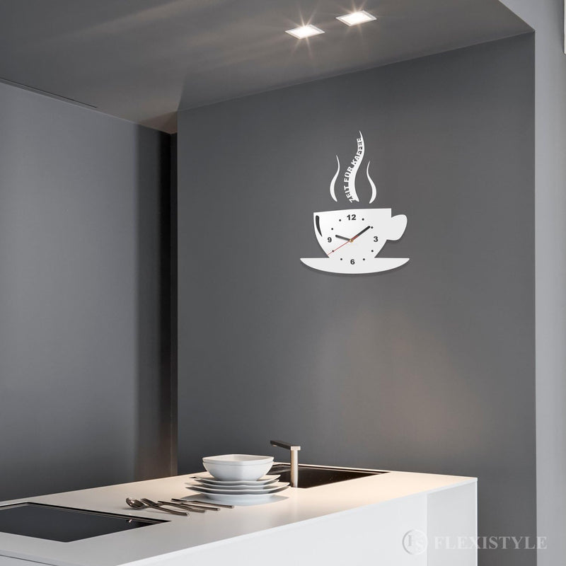 FLEXISTYLE Tasse Zeit für Kaffee Moderne Küche Wanduhr, 3D römisch, wanduhr deko (Weiss), Weiss