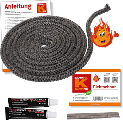 Ofendichtschnur 2,5m inkl. Kleber, Kaminreparaturset in der Grösse 6mm, hochwertige Ofentürdichtschn