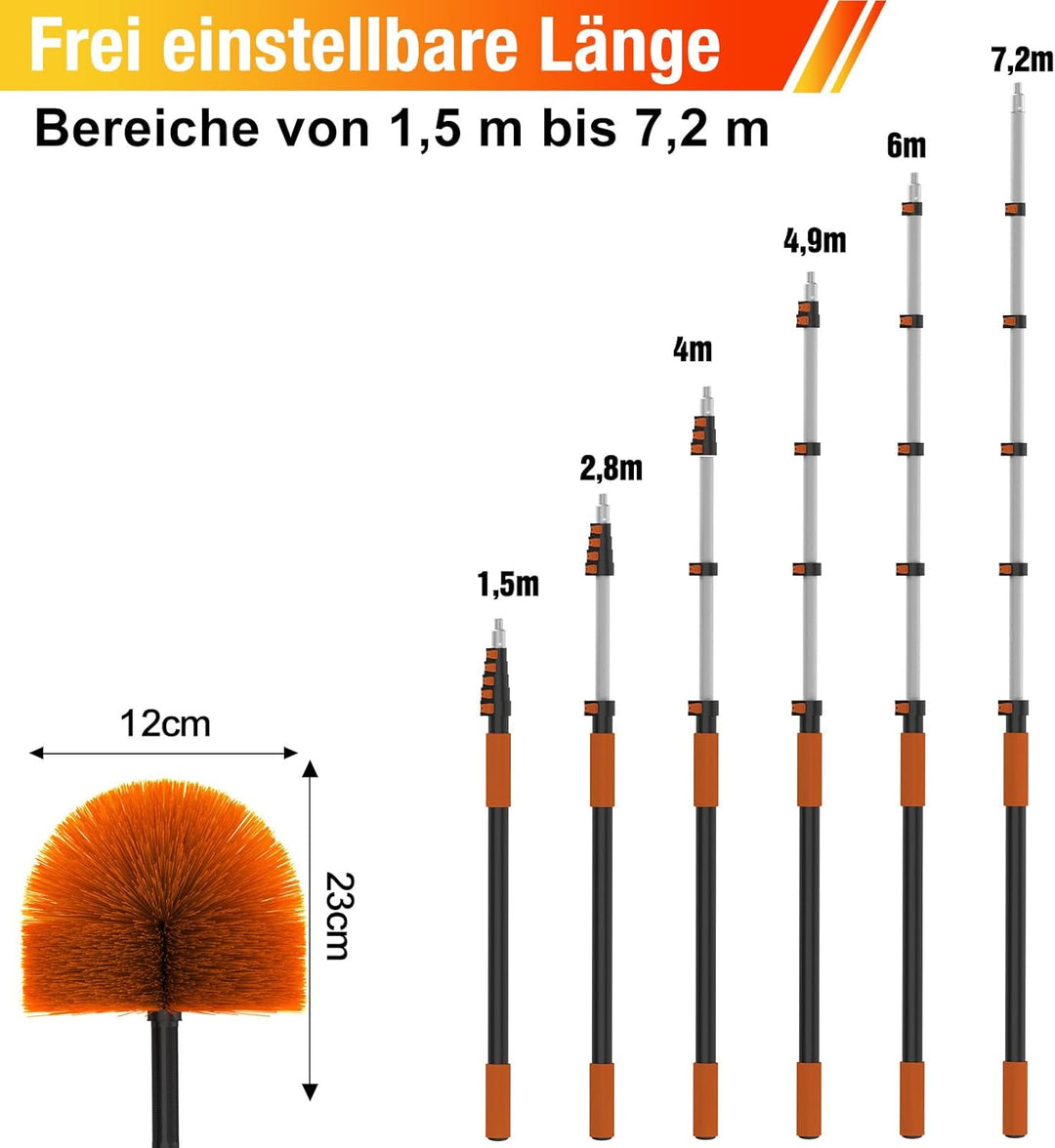 LAANPOLE 7,2m Staubwedel Teleskop Waschbar, Spinnenwebenentferner zum Reinigen, Spinnwebenbesen mit