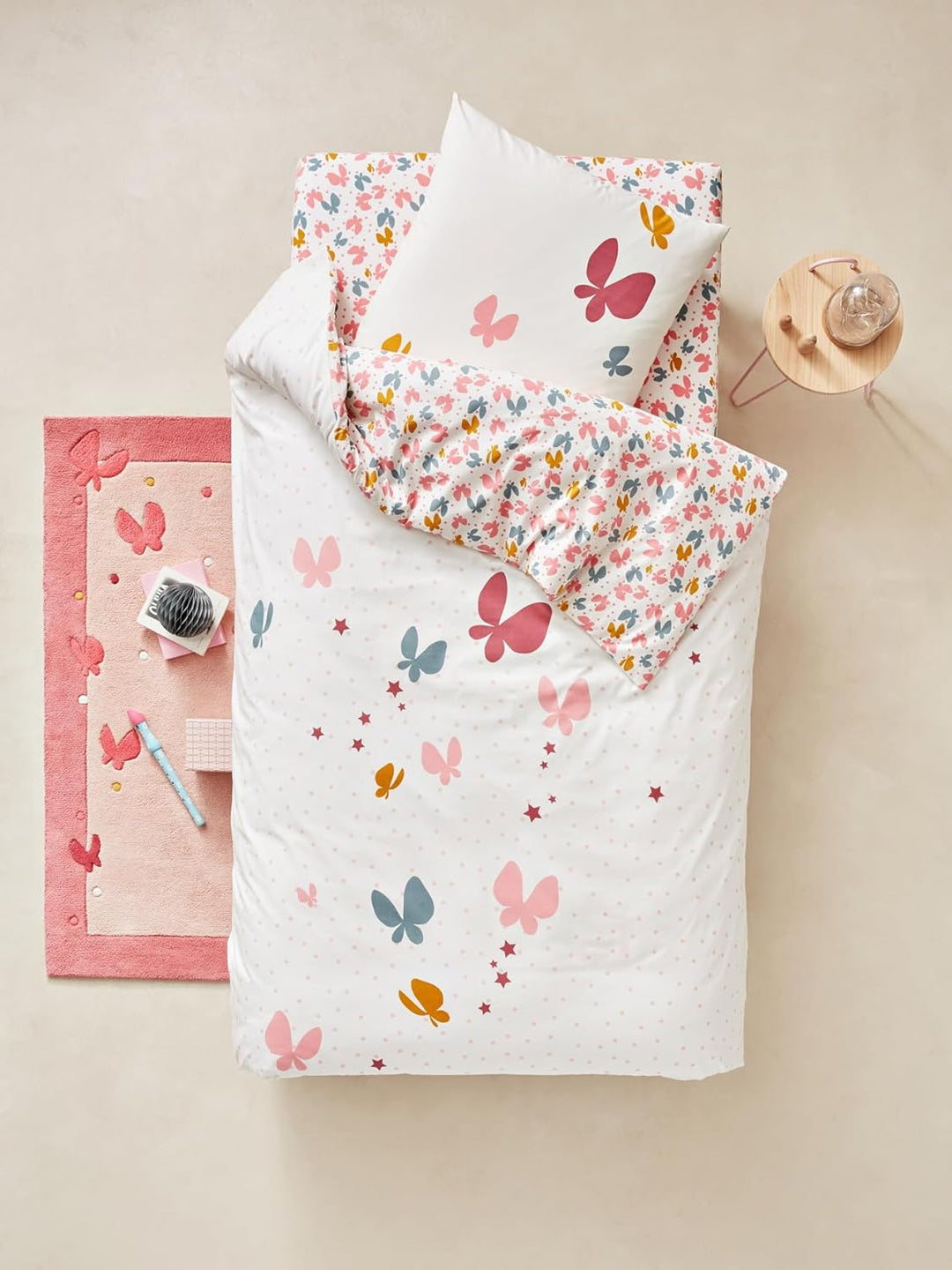 Vertbaudet Bettwäsche-Set für Kinder Schmetterlinge rosa Bedruckt 140X150 - Kissen 63X63 140X150 - K
