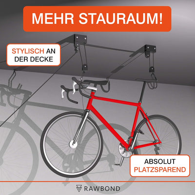 RAWBOND® Universal Deckenlift für bis zu 57 kg - Praktischer Fahrradlift mit Seilzug für deine Garag