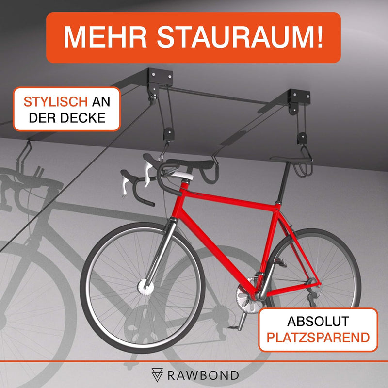 RAWBOND® Universal Deckenlift für bis zu 57 kg - Praktischer Fahrradlift mit Seilzug für deine Garag