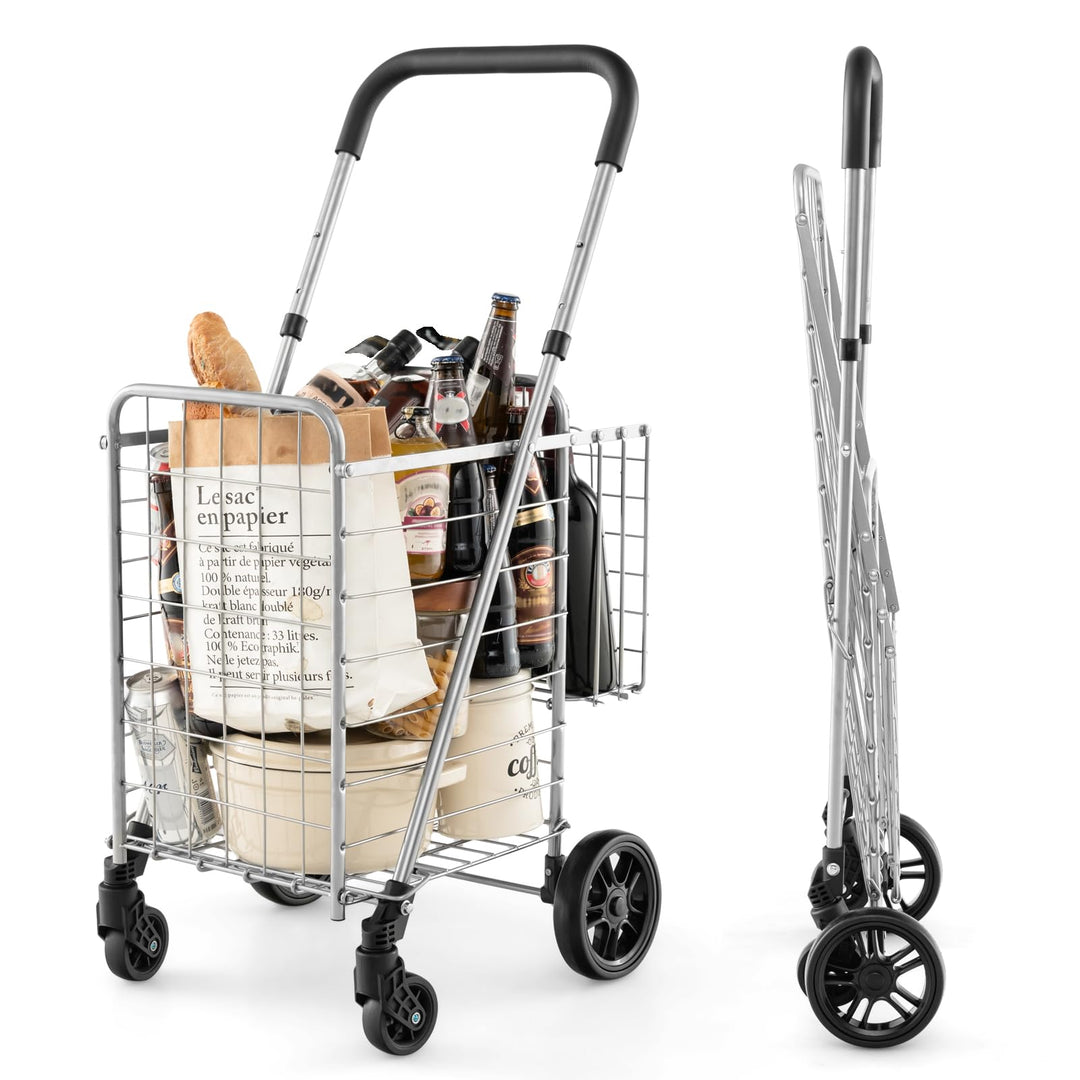 GYMAX Klappbarer Einkaufstrolley belastbar bis zu 20 kg, tragbarer Einkaufswagen mit Doppelkorb 48L+