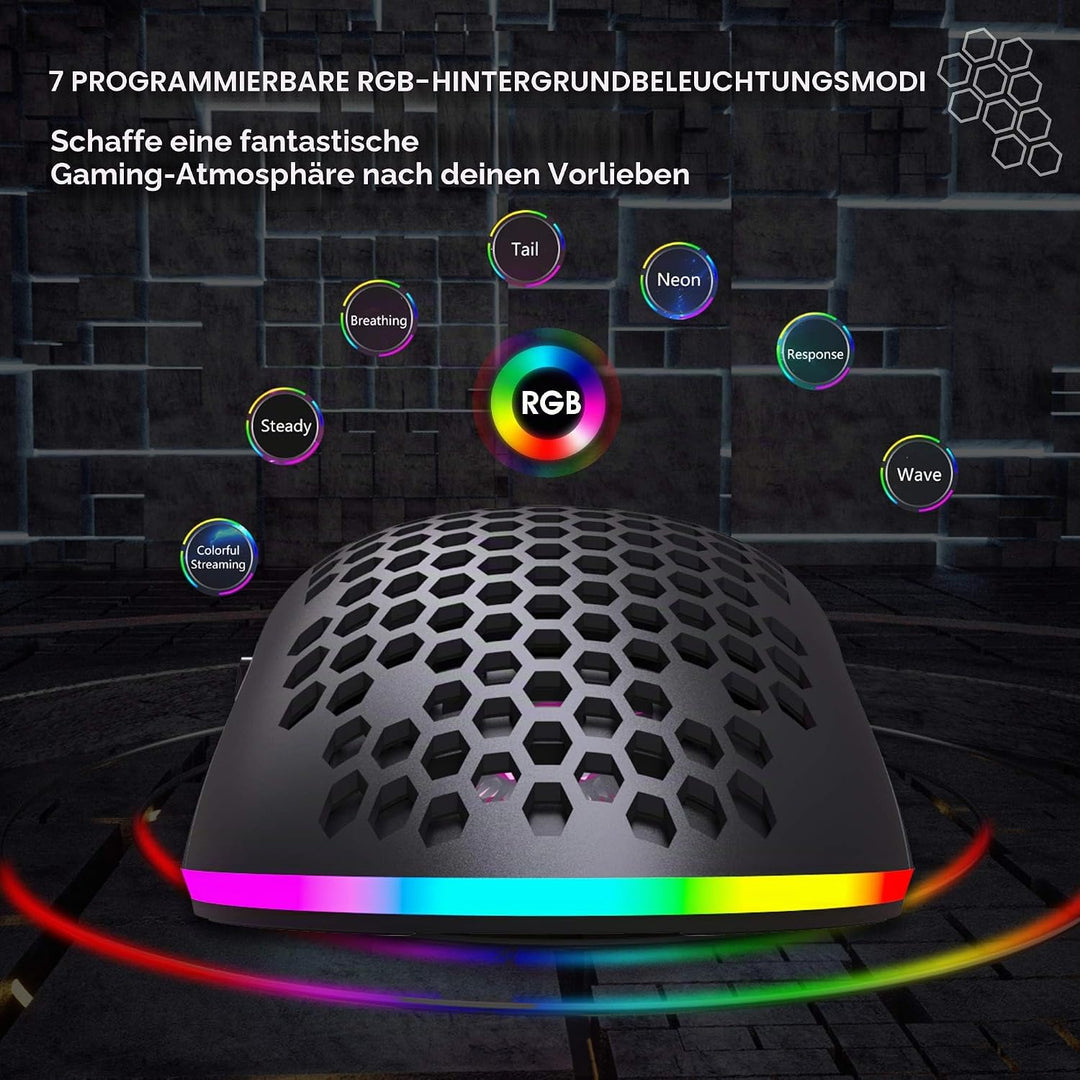 Drahtlose Gaming Maus, 2,4G Superleichte Wabenschale Ergonomische RGB-Mäuse mit 750mAh Akku, Energie