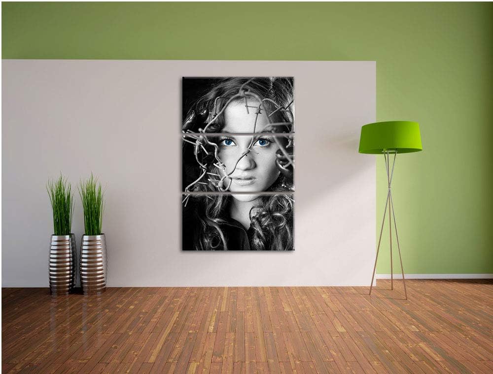Sexy Girl mit ozeanblauen Augen vor Stacheldraht schwarz/weiss 3-Teiler Leinwandbild 120x80 Bild auf
