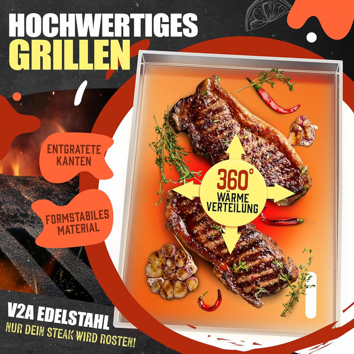 KESSER® Grillplatte Plancha aus Edelstahl 40x30cm rostfrei mit Fettablauf, hitzebeständig bis 800°C