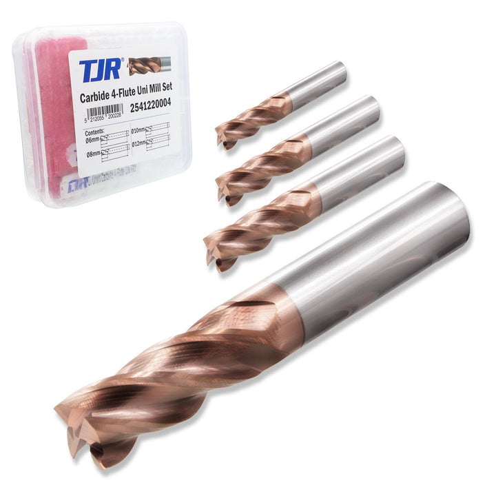 TJR Hartmetall 4-Schneider Uni Mill Set (6/8/10/12mm) – Mikrokorn-Hartmetall-Fräser mit TiAlN-Beschi