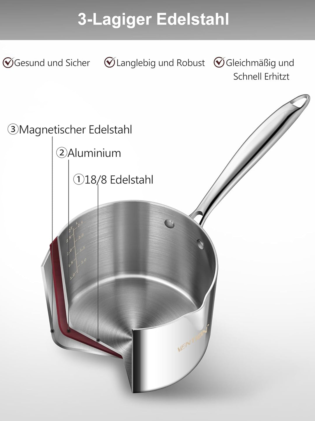 VENTION Stielkasserolle 18 cm mit Deckel Induktion, Stieltopf mit Ausgiesser, 3-Lagiger Edelstahl Ka