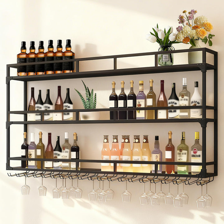 Weinregal Wand, 3 Ebenen Wand-Weinregale mit Glashalter, Multi funktionaler Weinpareite Display Rack
