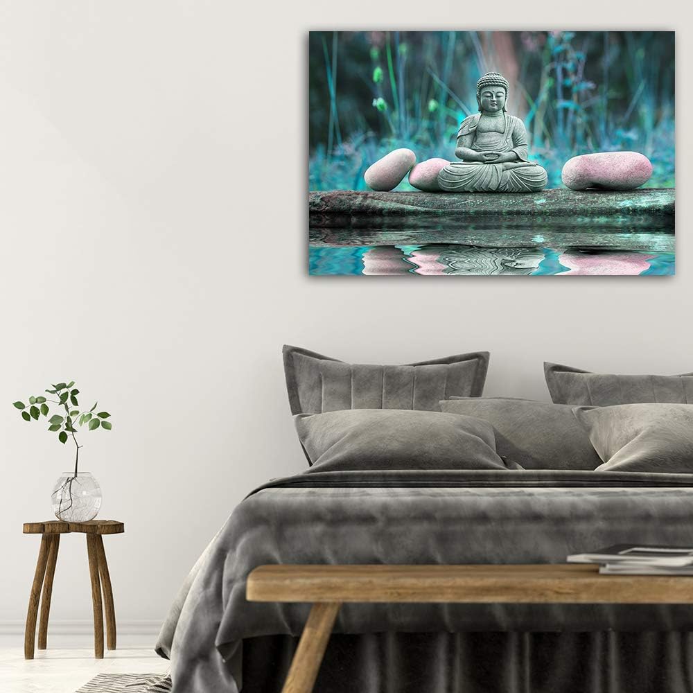 Feeby Wanddeko XXL Buddha Leinwandbild 5 Teilig Natur Wasser Steine Zen blau 100x70 cm Leinwandbild