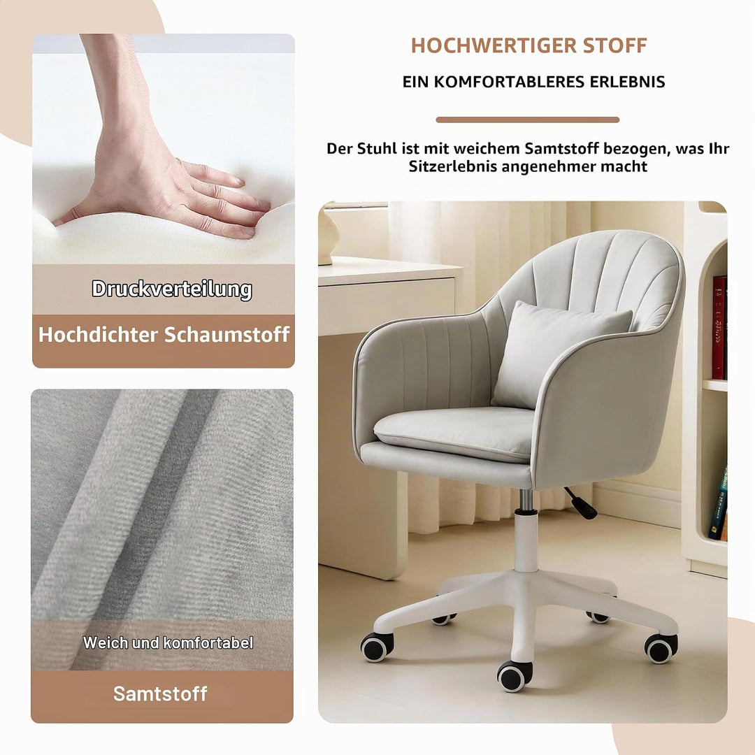 Ergonomischer Bürostuhl, 360° drehbar Höhenverstellbar, SamtStuhl mit Kopfkissen, Homeoffice Stuhl b