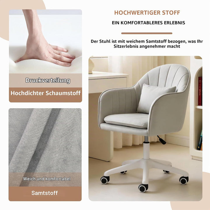 Ergonomischer Bürostuhl, 360° drehbar Höhenverstellbar, SamtStuhl mit Kopfkissen, Homeoffice Stuhl b
