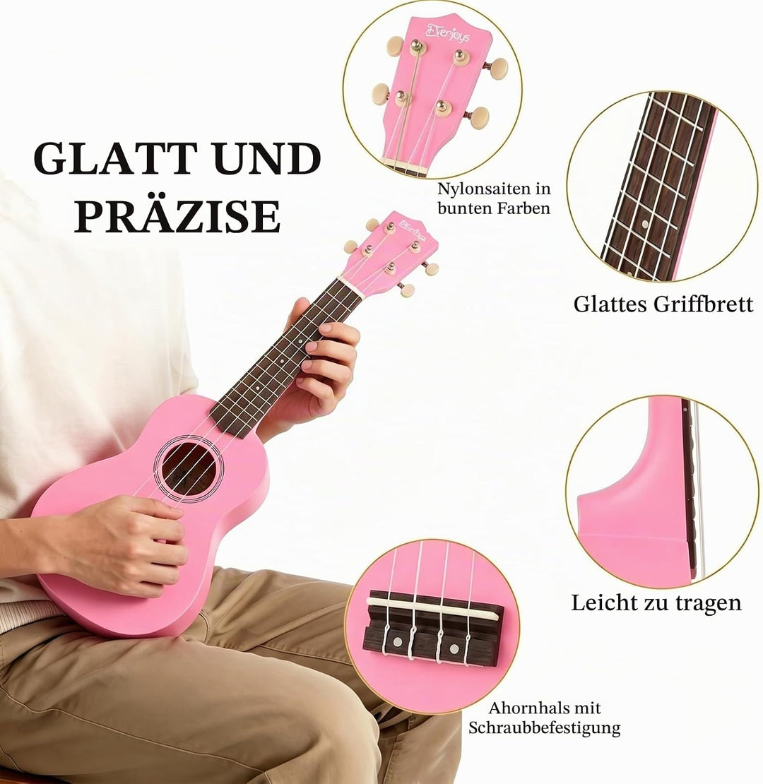 Everjoys Sopran Ukulele Set für Kinder und Erwachsene 21 Zoll Ukulele Starter Kit mit Tasche, Tuner,