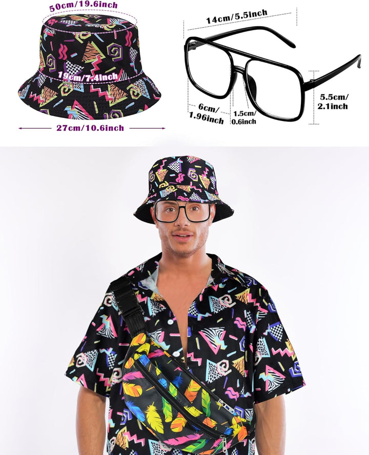 BIQIQI 80er Jahre Outfit Herren 80er Jahre Kleidung Set Rapper Zubehör mit Eimer Hut Gläser Hemd Bau