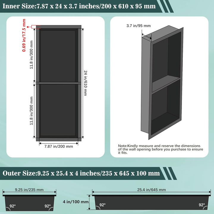 FTL Wandnische Dusche Edelstahl 20x60x10 cm,Schwarz Duschnische für Badezimmer,Keine Fliesen Erforde