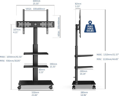 FITUEYES TV Ständer Rollbar TV Rollwagen 3 Ablagen Standfuss Fernsehstand mit Regal höhenverstellbar