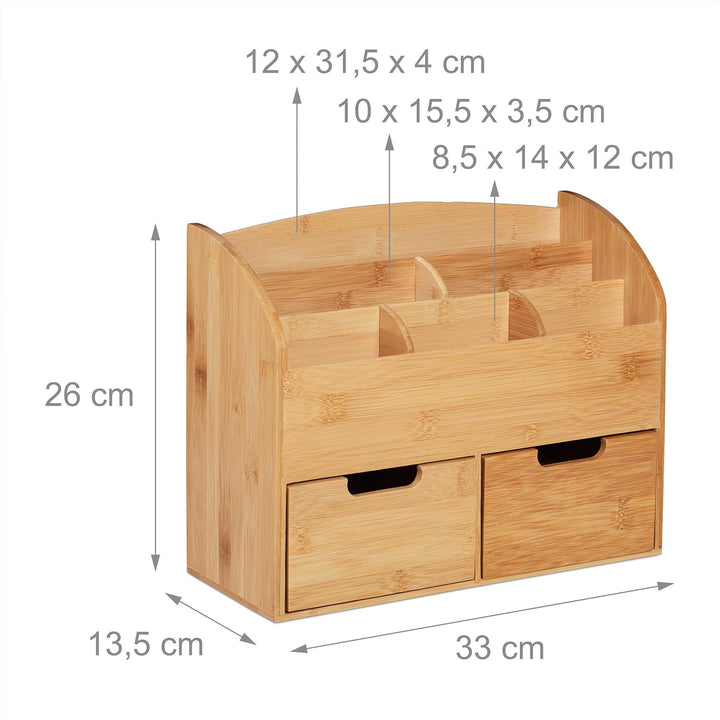 Relaxdays Schreibtisch Organizer, 6 Fächer, 2 Schubladen, für Büroutensilien, Bambus, Briefablage, 2