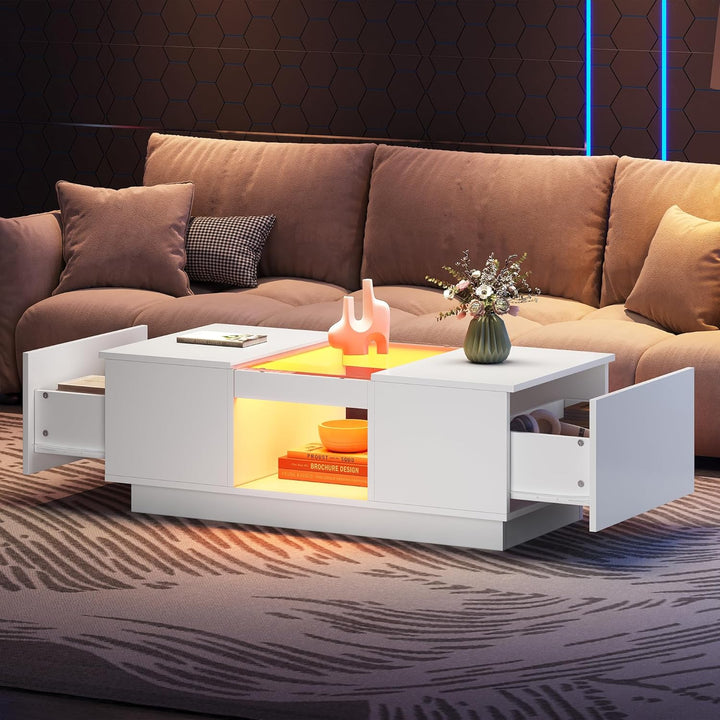 Merax Couchtisch Hochglanz mit LED Beleuchtung, Mitteltisch Teetisch für Wohnzimmer, Weiss Wohnzimme