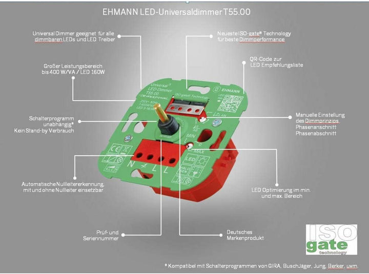 EHMANN 5500x0000 T55.00 Universaldimmer Professional mit ISO-Gate Technologie, Unterputz-Drehdimmer,