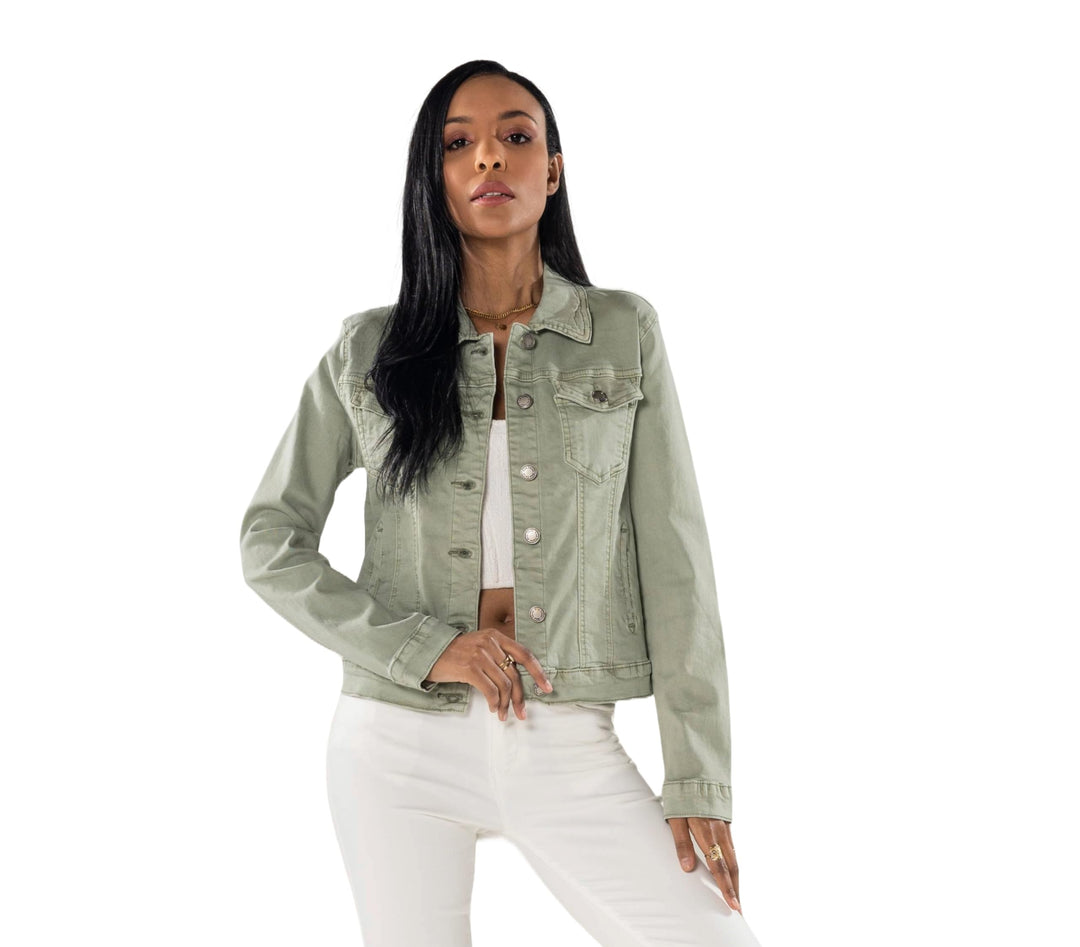 Nina Carter J212 Damen Slim-Fit Jeansjacke – Farbige Übergangsjacke mit Kent-Kragen und Taschen – Fr
