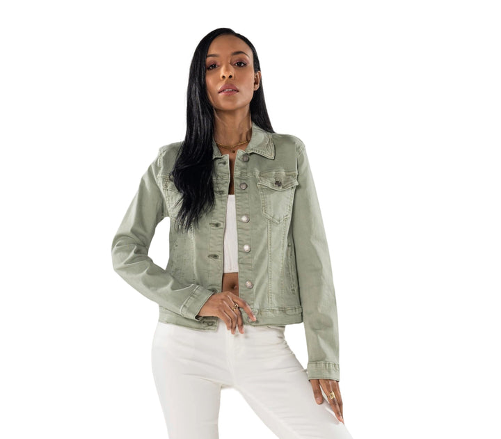 Nina Carter J212 Damen Slim-Fit Jeansjacke – Farbige Übergangsjacke mit Kent-Kragen und Taschen – Fr