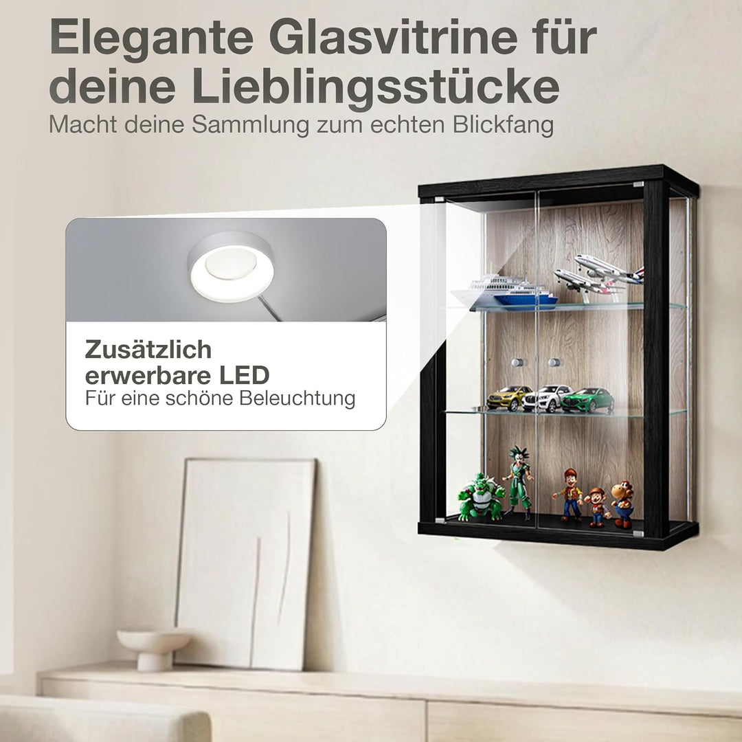Hängevitrine Glas (80x60x25cm) - Made in Germany - Glasvitrine hängend mit 2 höhenverstellbaren Glas