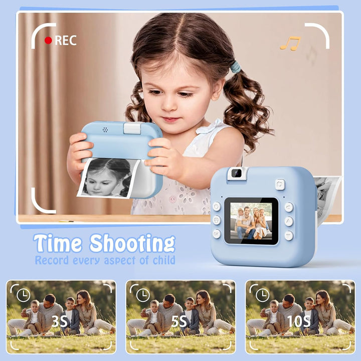 Kinderkamera Sofortbildkamera,1080P HD-Sofortkamera für Kinder mit 32 GB-Karte und 3 Rollen Fotopapi