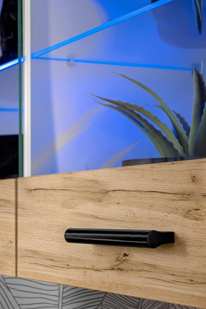 Komodee, Vitrine Schrank Savona, Wotan/Weiss, Breite 100cm x Höhe 50cm x Tiefe 30cm, ohne LED, 2 Gla