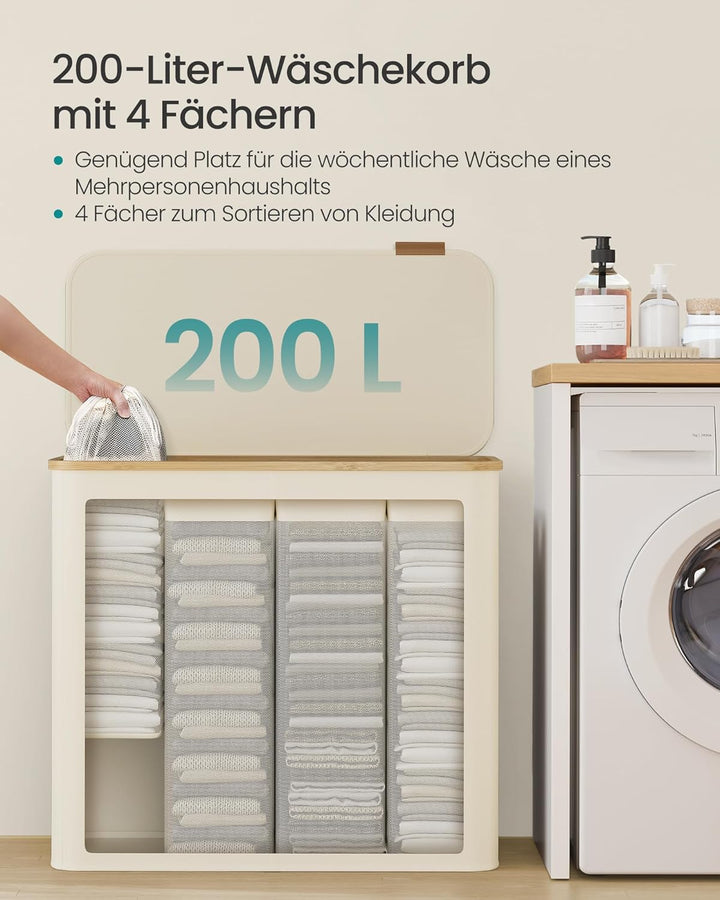 SONGMICS Wäschekorb mit Deckel, Wäschesammler mit 4 Fächern, 200 L, herausnehmbarer Wäschesack, Oxfo