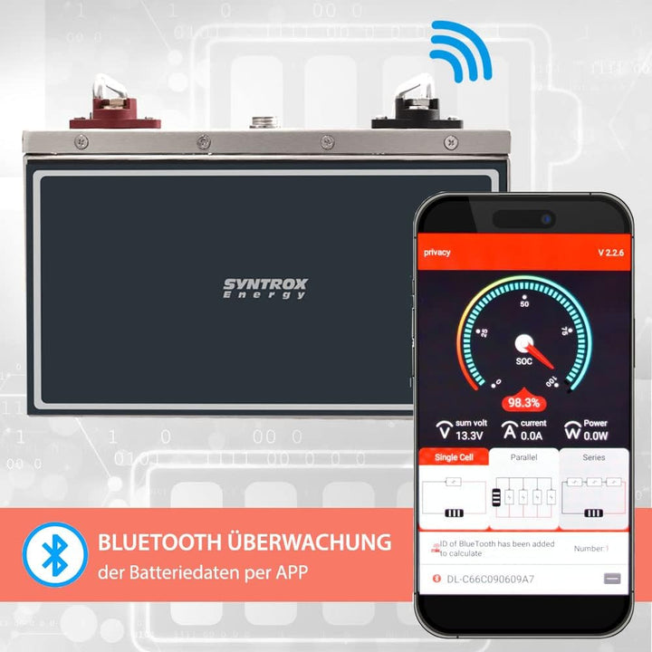 Syntrox Germany Energy Lithium LiFePO4 Wohnmobil Untersitz Batterie Akku 12,8V BMS mit Bluetooth 100