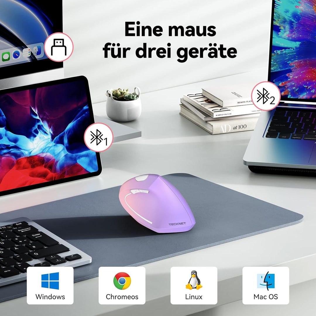 TECKNET Ergonomische Maus, Kabellose Bluetooth Vertikale Maus(BT 5.0+BT 3.0+2.4G), 6 Einstellstufen