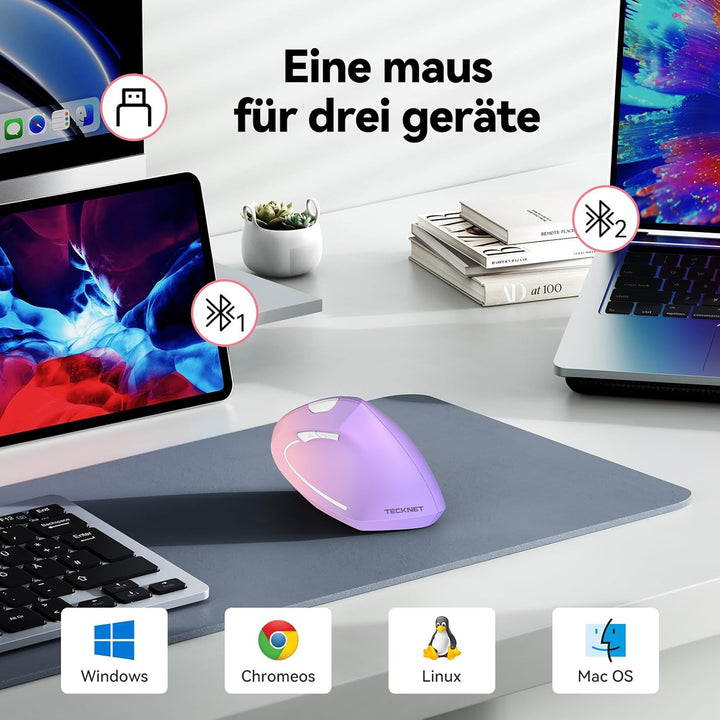 TECKNET Ergonomische Maus, Kabellose Bluetooth Vertikale Maus(BT 5.0+BT 3.0+2.4G), 6 Einstellstufen