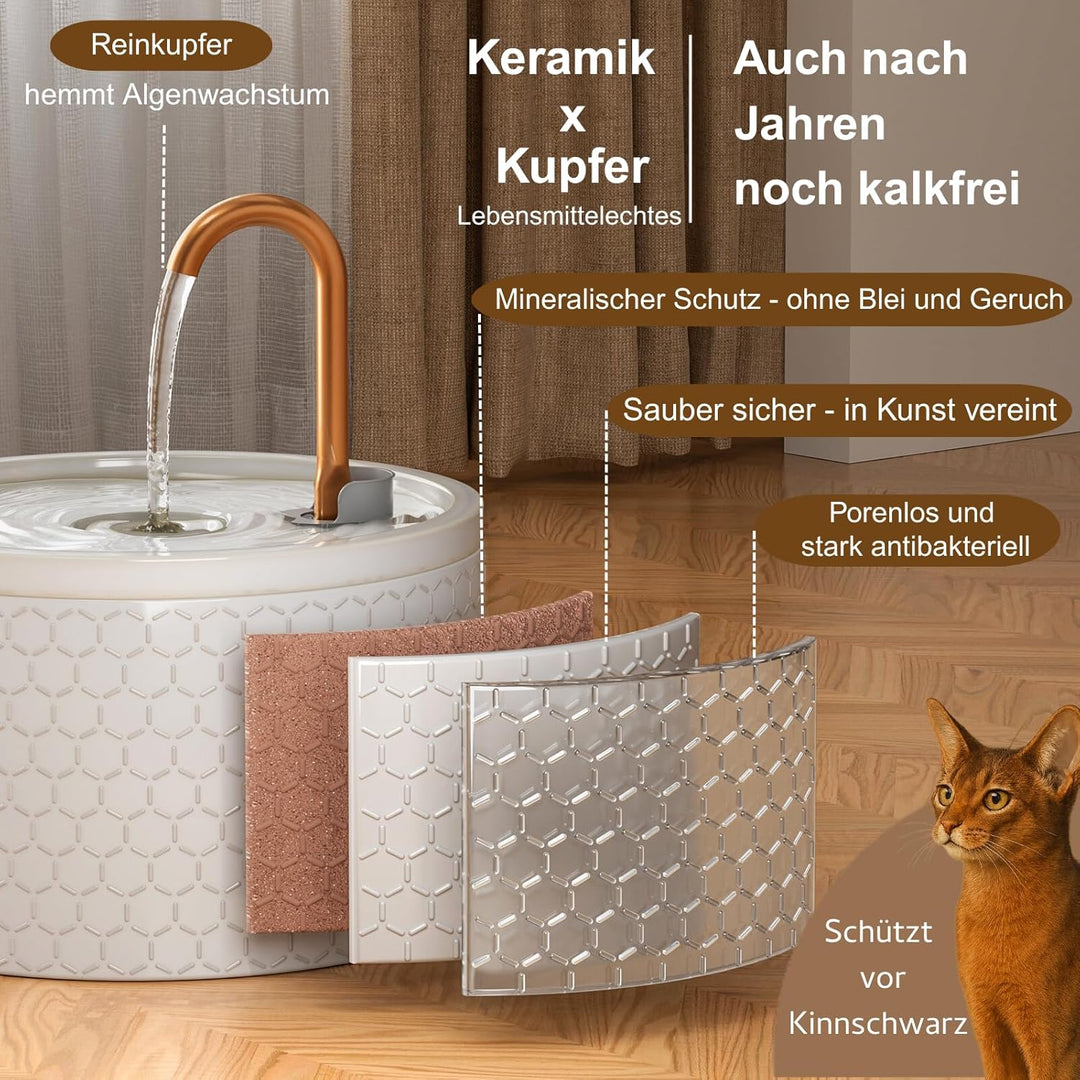 MISFANS Katzenbrunnen Keramik, 2.1L Trinkbrunnen für Katze, Leiser Wasserspender für Haustiere, Katz