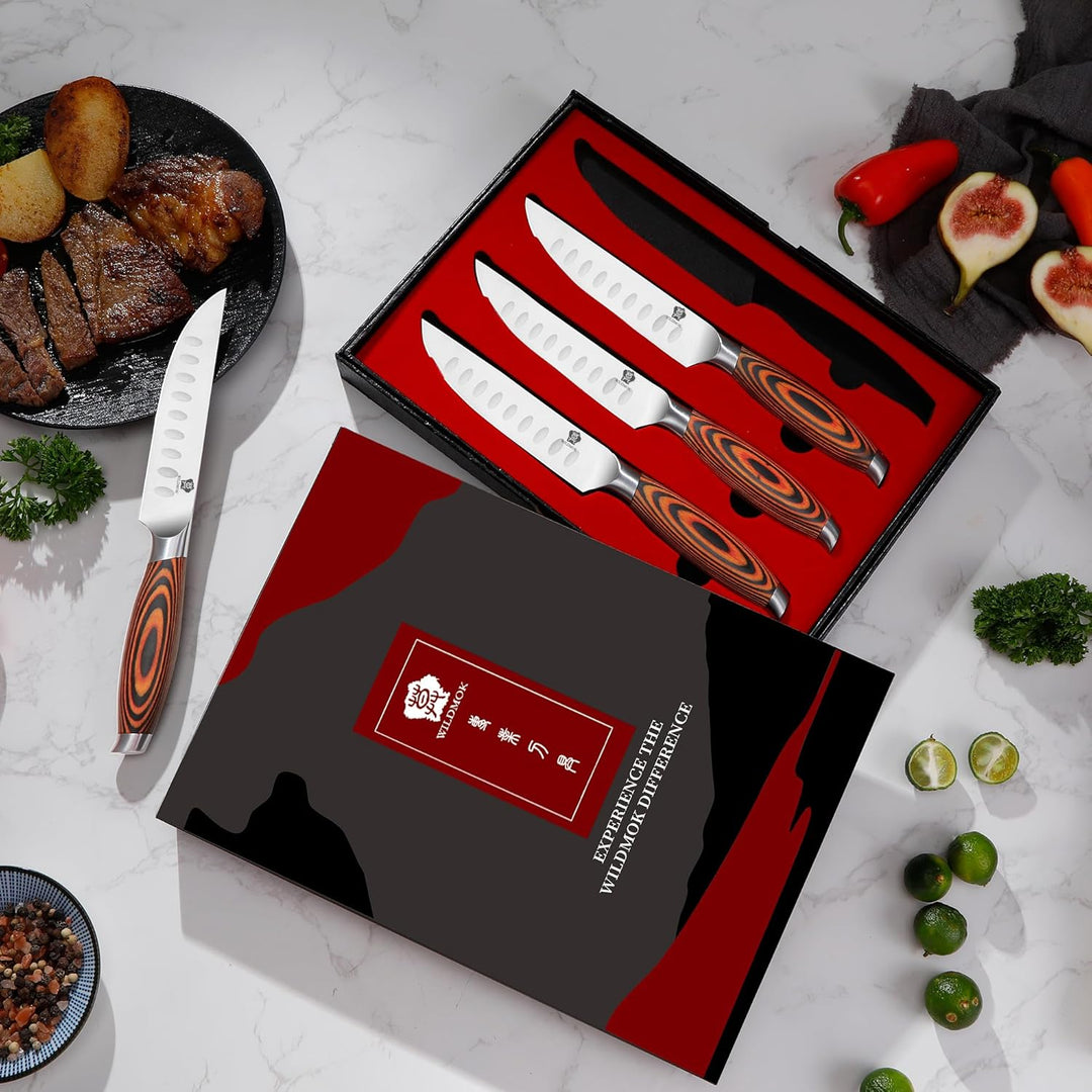 WILDMOK 4-teilig Steakmesserset 12,8cm Klinge aus Deutschem Stahl, Ergonomischer Griff Steakhouse Me