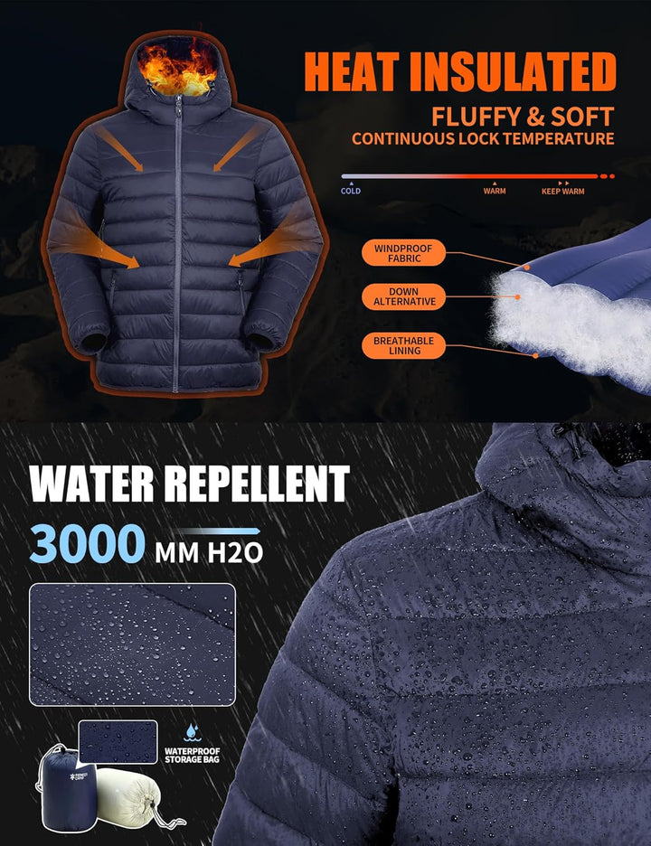 Herren Steppjacke Leichte Daunenjacken Winterjacke Übergangsjacke Outdoorjacke mit Kapuze und 6 Tasc