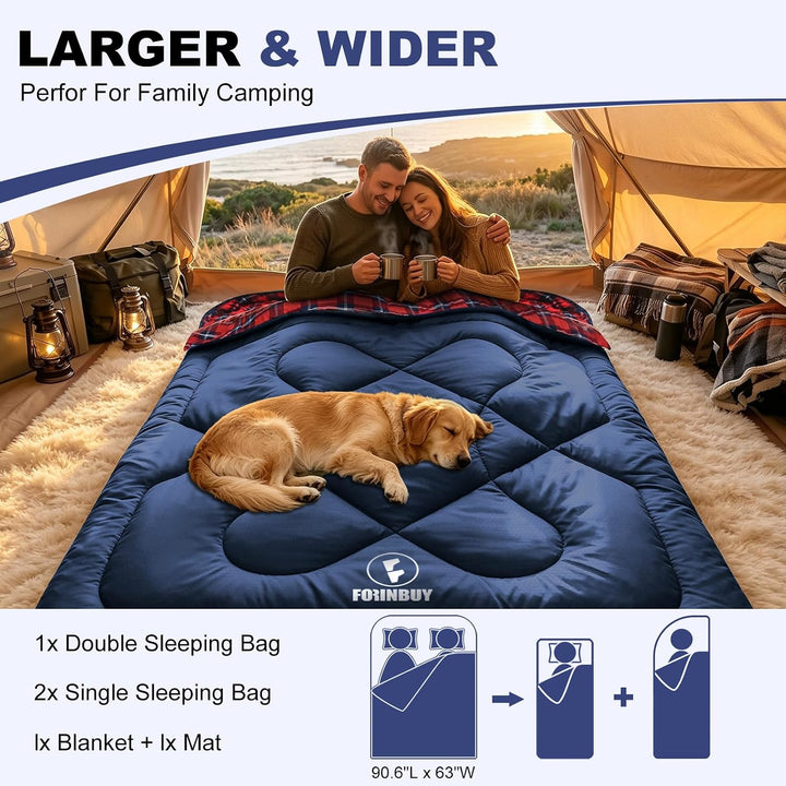 Flanell Doppelschlafsack,Schlafsack 2 Personen 230x160cm | 100% Baumwolle Futter,wasserabweisend,4 J