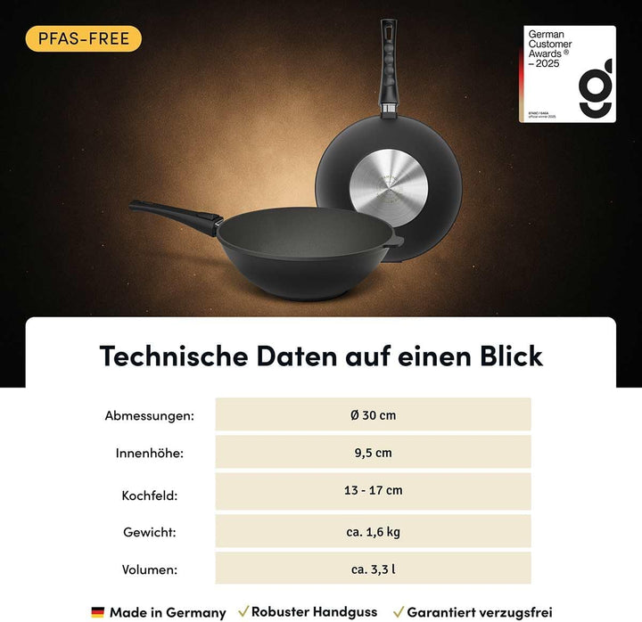Hoffmann STONIQ Wokpfanne Ø 30 cm – PFAS-frei, Aluguss Wok mit abnehmbarem Stiel, IQ-SHIELD Antihaft